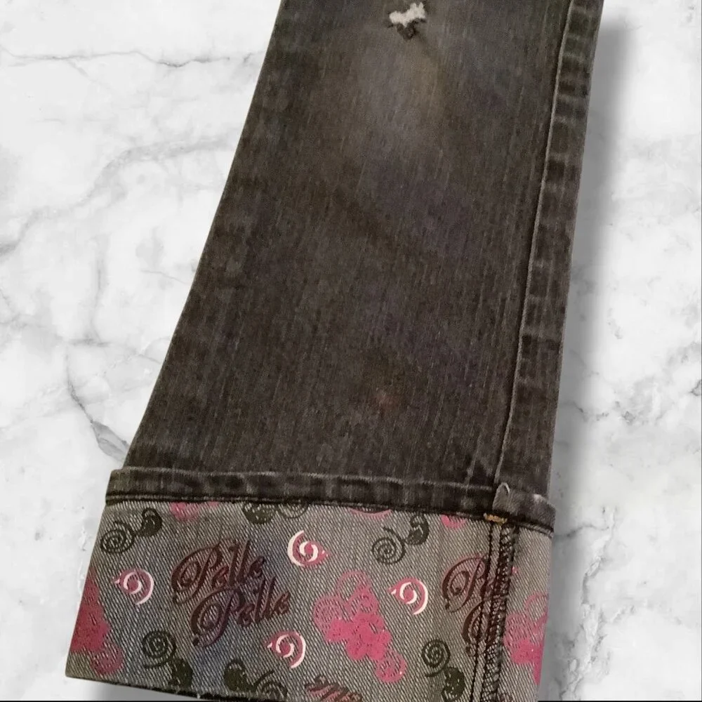 PellePelle Girls Size 6X Black Jeans With Belle Belle Design & Embroidered Cuffs